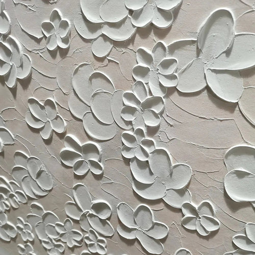 BLANC BLOOM: Textured White Floral Painting, Horizontal Canvas, Minimalist Wall Art