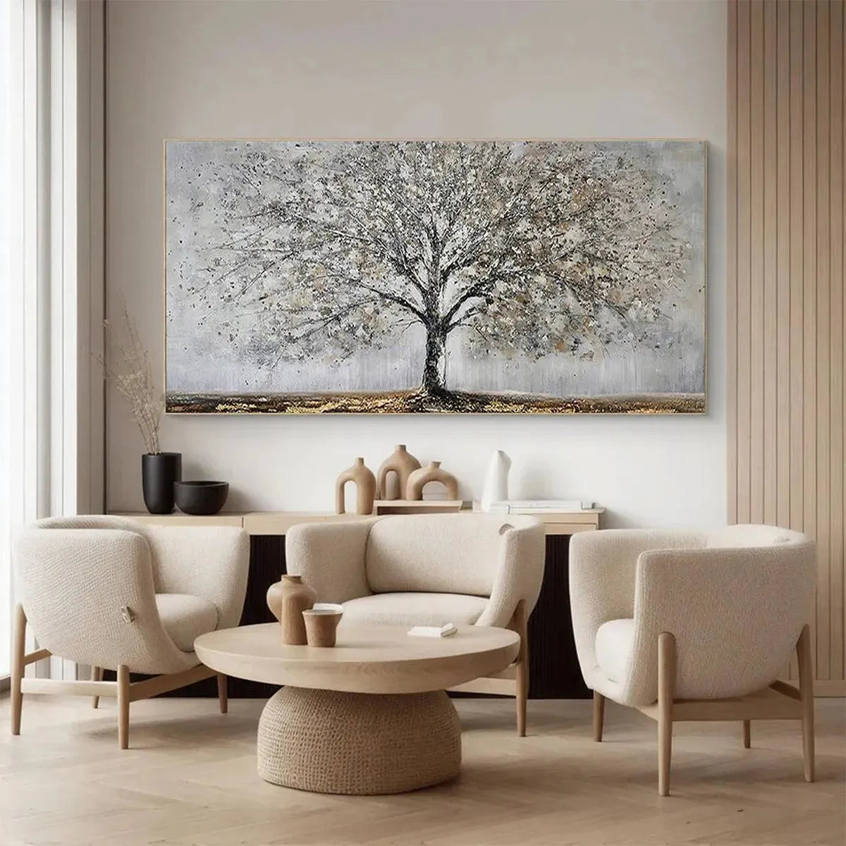 SILVER BIRCH: Textured Tree Painting in Grey and Gold