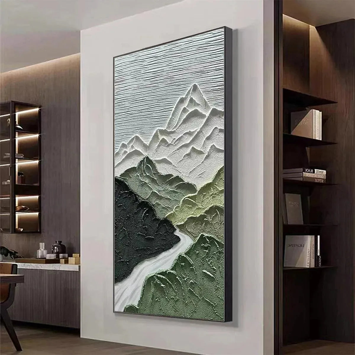 JADE PEAK: Textured Green and White Mountain Landscape Painting