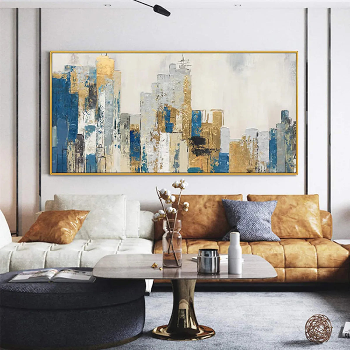 GOLDEN METROPOLIS: Abstract Cityscape Oil Painting in Gold and Blue