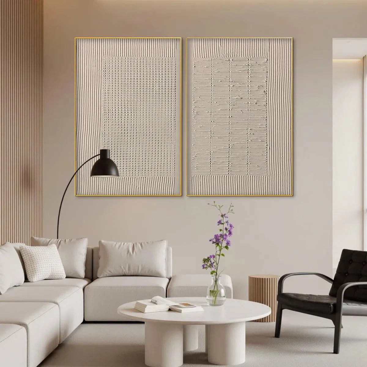 TEXTURED GRID DUO: Set of 2 Textured Abstract Paintings in Beige