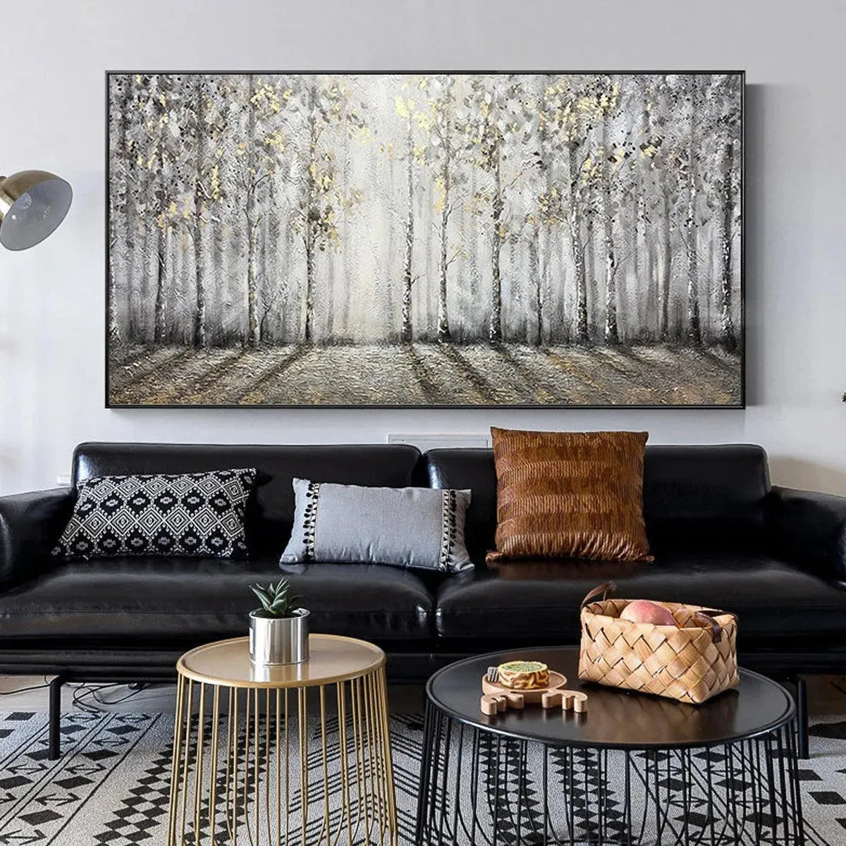GOLDEN BIRCHWOOD: Panoramic Birch Forest Landscape Oil Painting with Gold Accents
