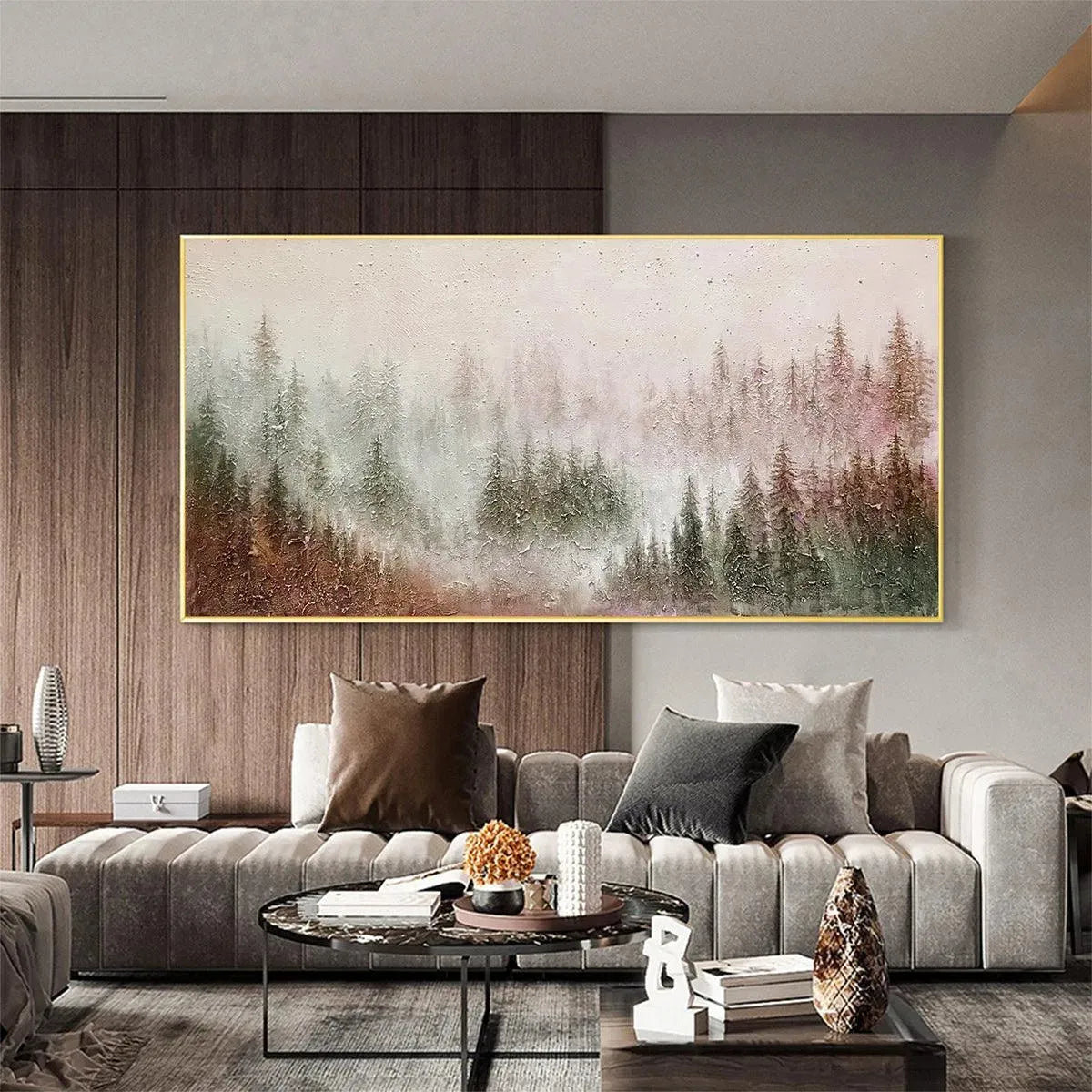 MISTY PINES: Panoramic Misty Forest Landscape Oil Painting