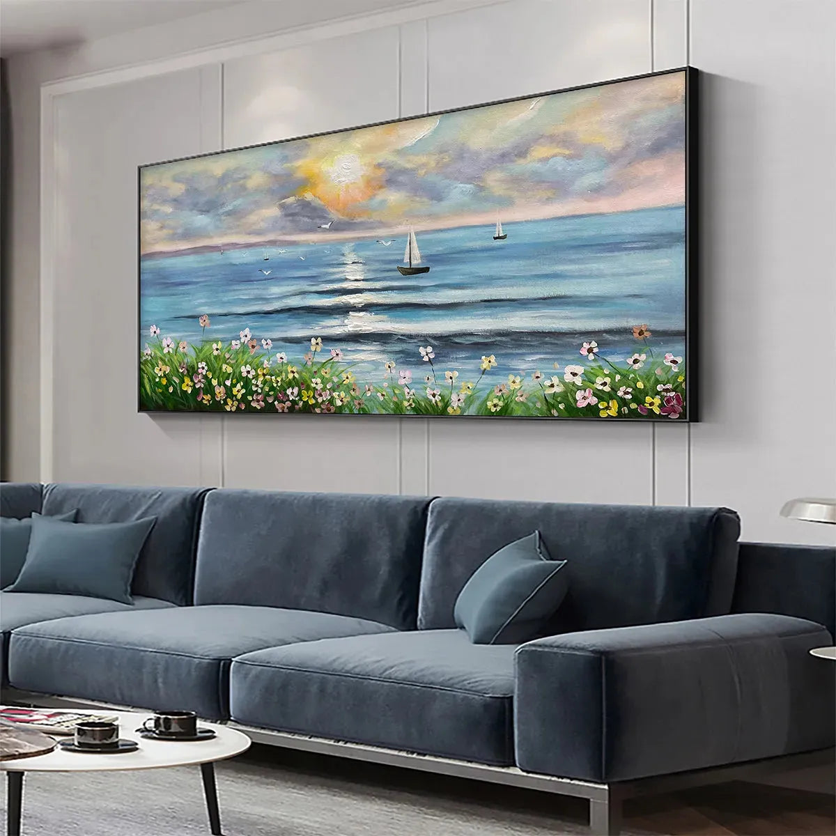 SUNSET SAIL: Coastal Sunset Painting, Sailboat and Wildflowers, Horizontal Canvas, Ocean Decor
