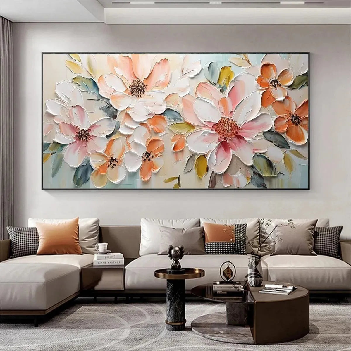 PEACH BLOSSOM: Textured Impasto Floral Painting in Peach and White