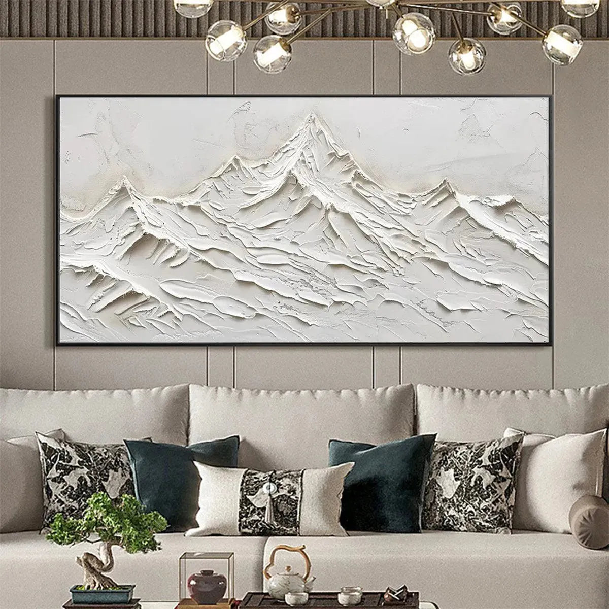 WHITE MOUNTAINS: Textured Minimalist Abstract Mountain Painting in White