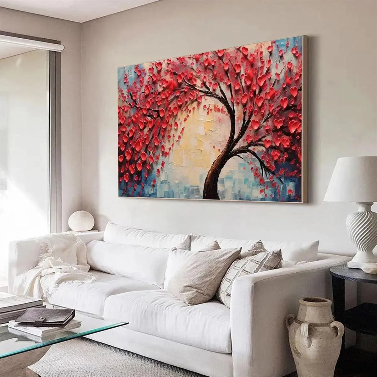 HEART TREE: Textured Impasto Red Tree Painting with Heart-Shaped Leaves