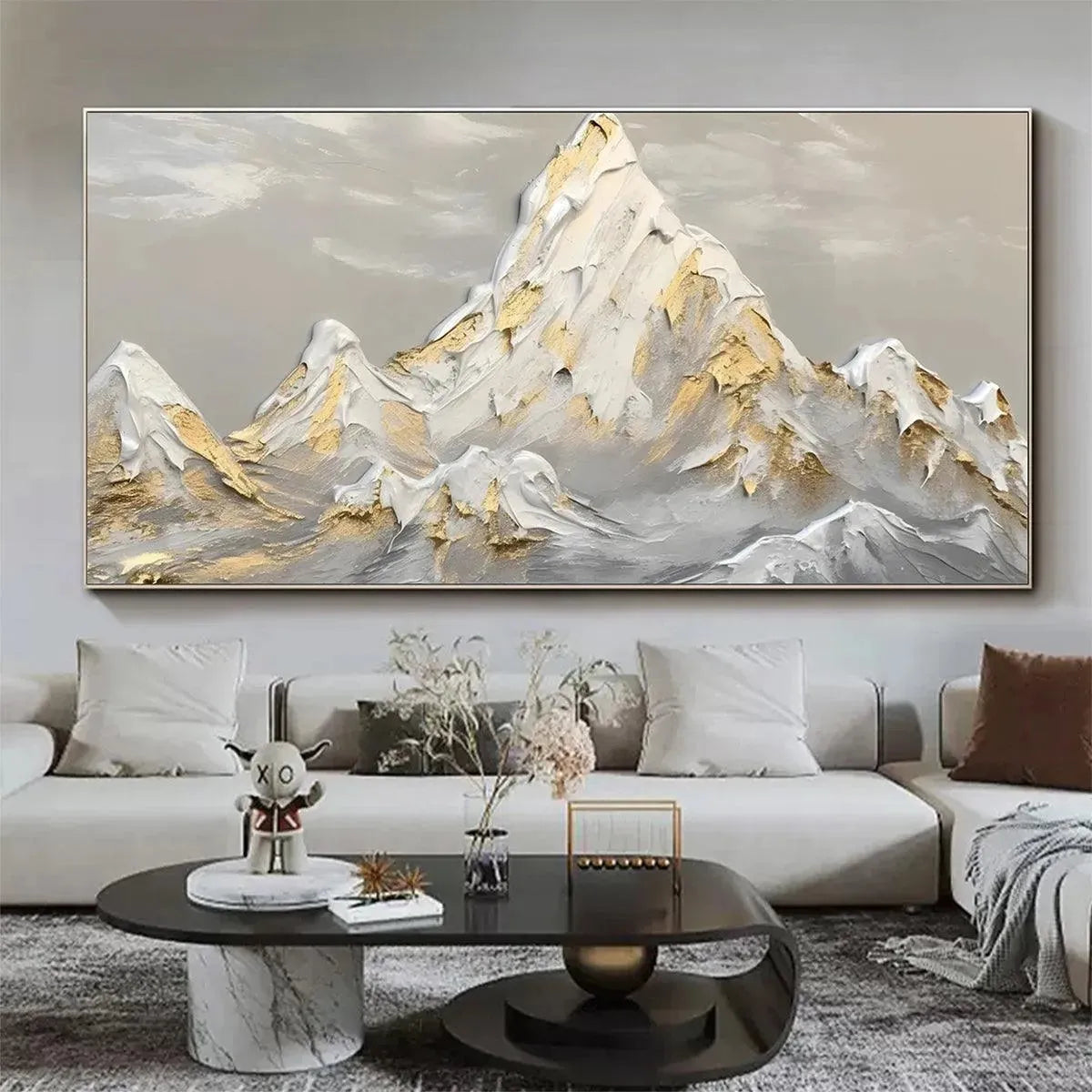 GOLDEN PEAKS: Textured Mountain Landscape Painting in Gold and Grey