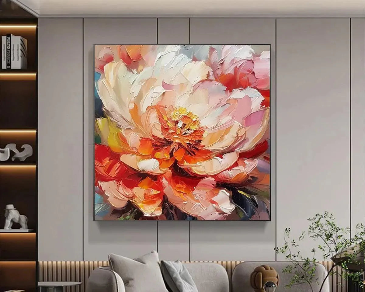 BLOOMING PEONY: Textured Impasto Peony Painting in Pink and Orange