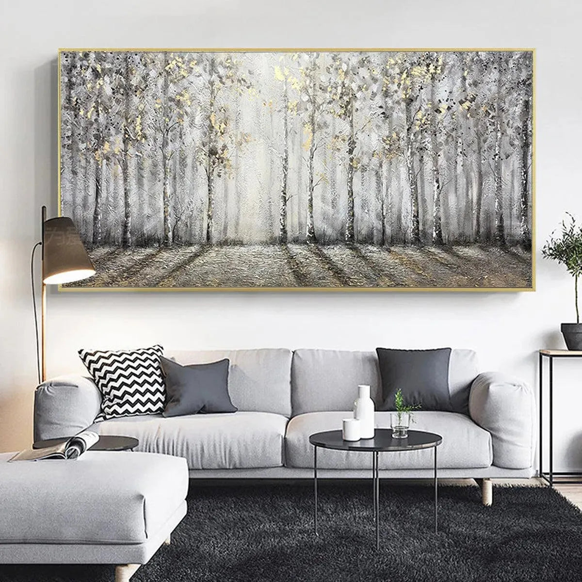 GOLDEN BIRCHWOOD: Panoramic Birch Forest Landscape Oil Painting with Gold Accents