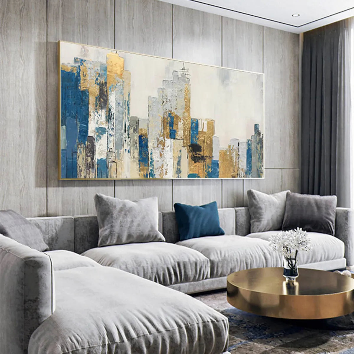 GOLDEN METROPOLIS: Abstract Cityscape Oil Painting in Gold and Blue