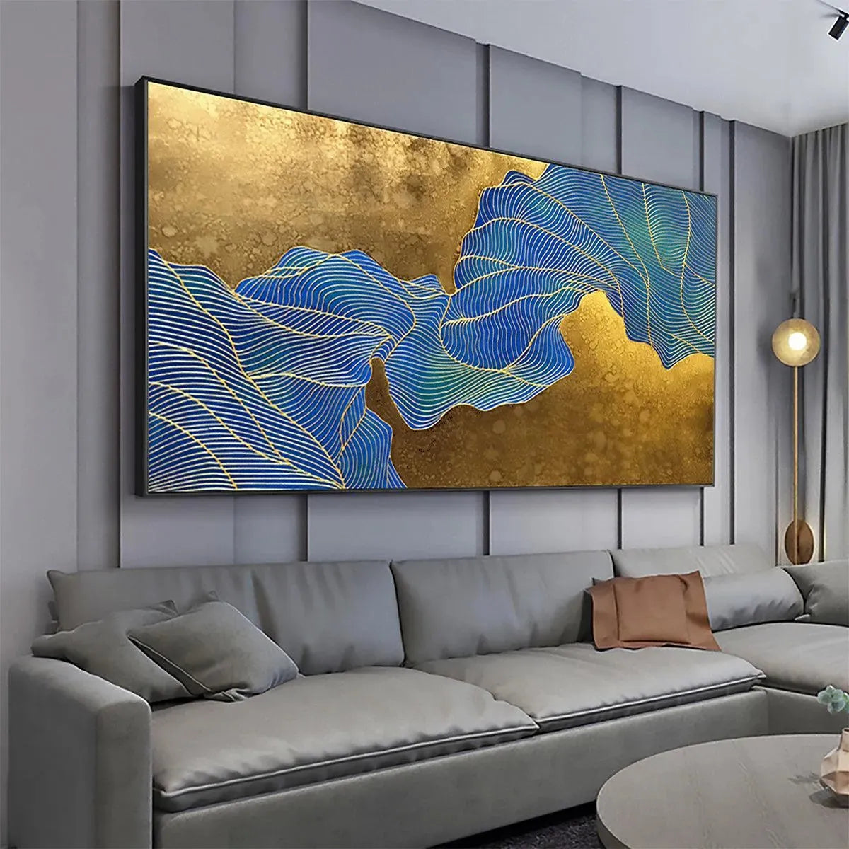 GOLDEN FLOW: Abstract Blue and Gold Oil Painting