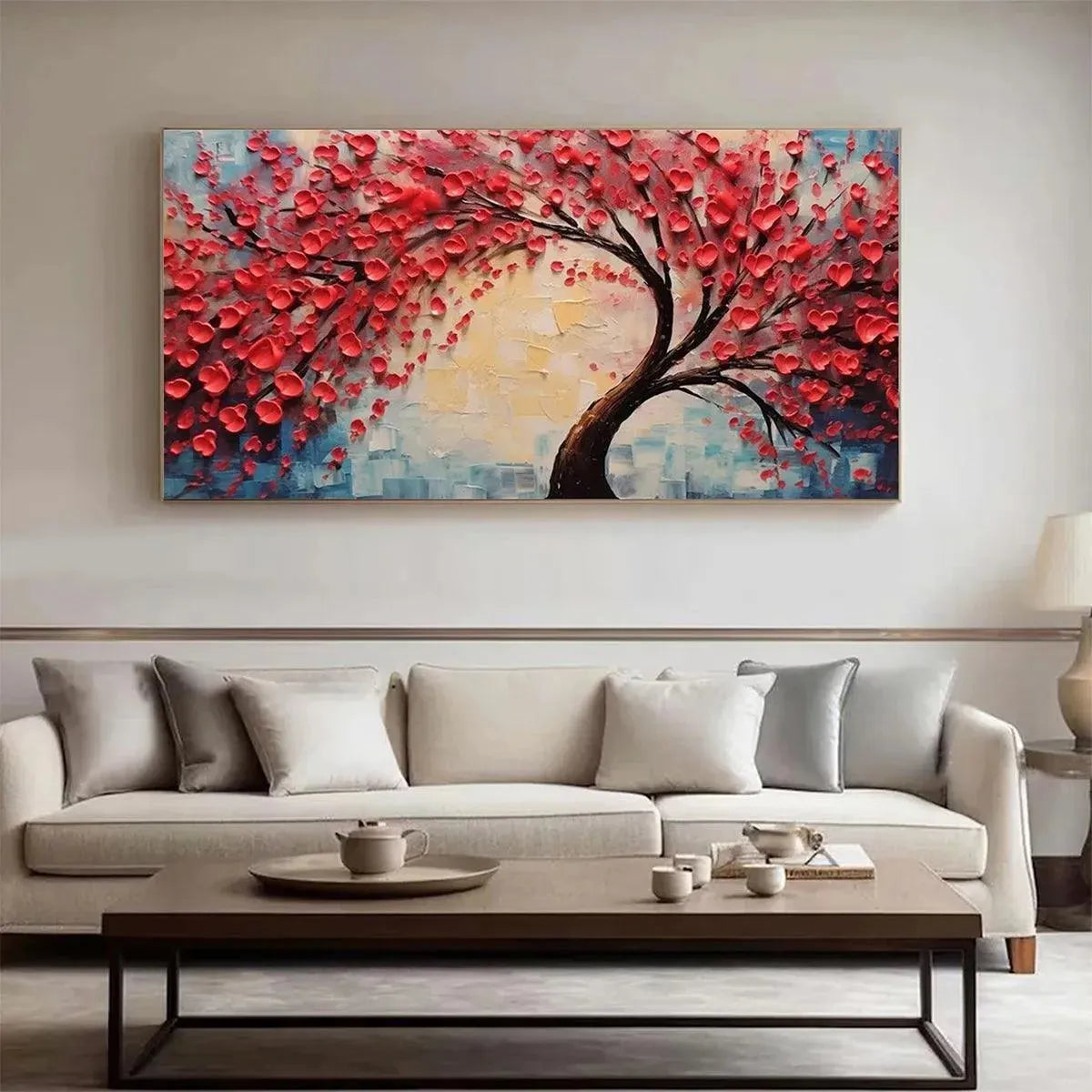 HEART TREE: Textured Impasto Red Tree Painting with Heart-Shaped Leaves