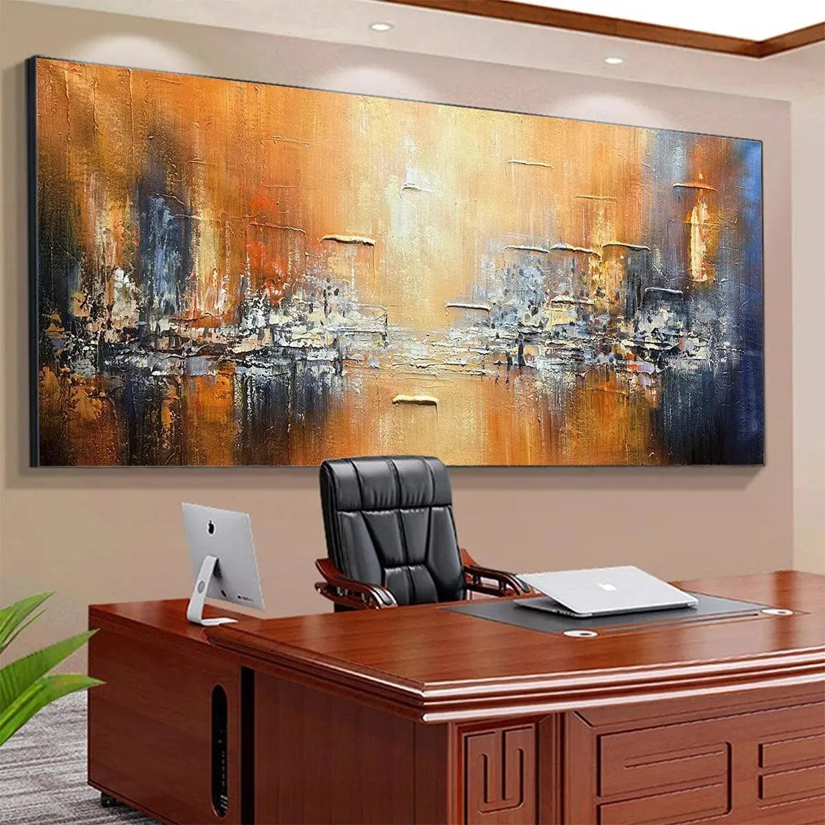 GOLDEN CITY: Textured Abstract Cityscape Painting in Orange and Blue