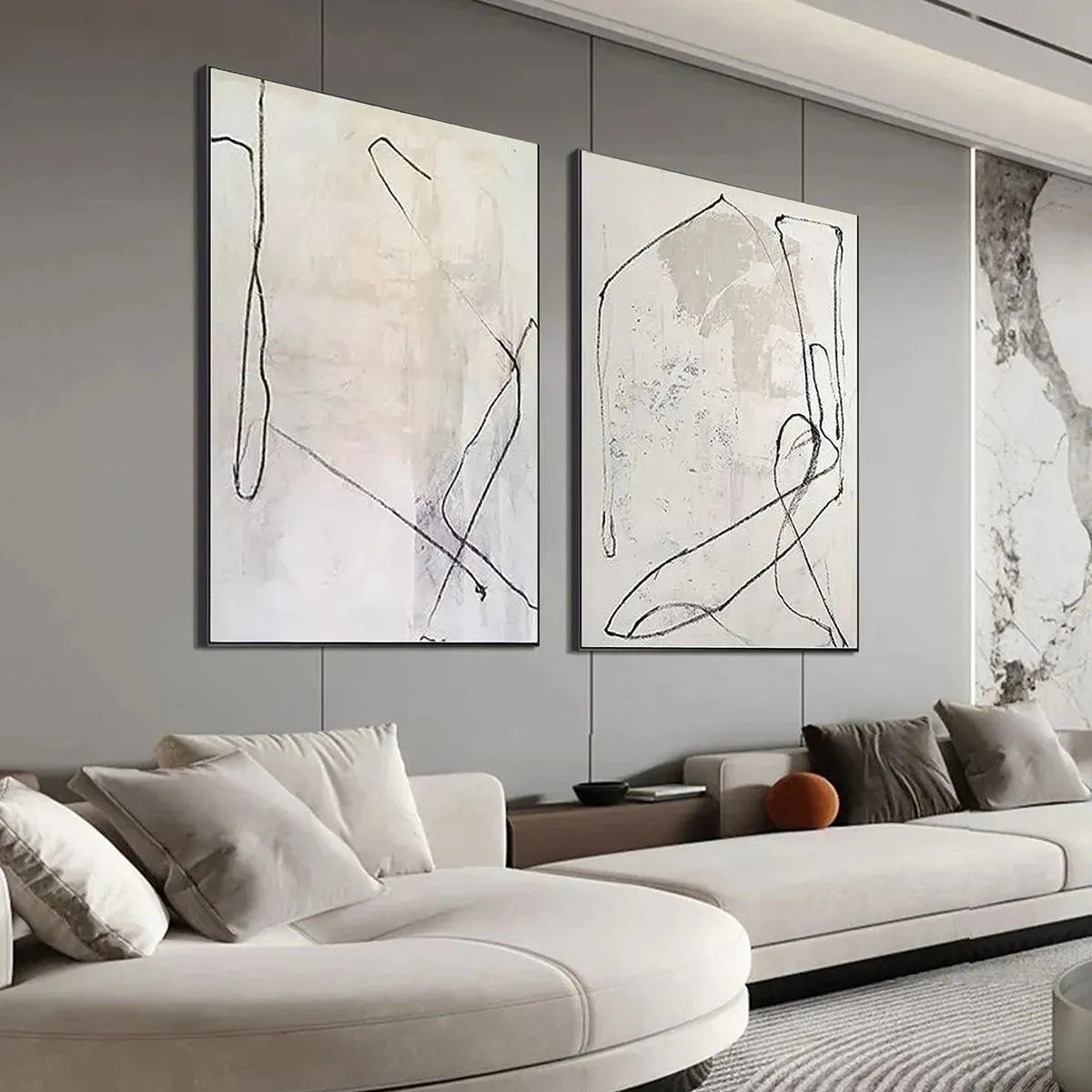 MINIMALIST ABSTRACT DIPTYCH: Beige Abstract Painting Set of 2