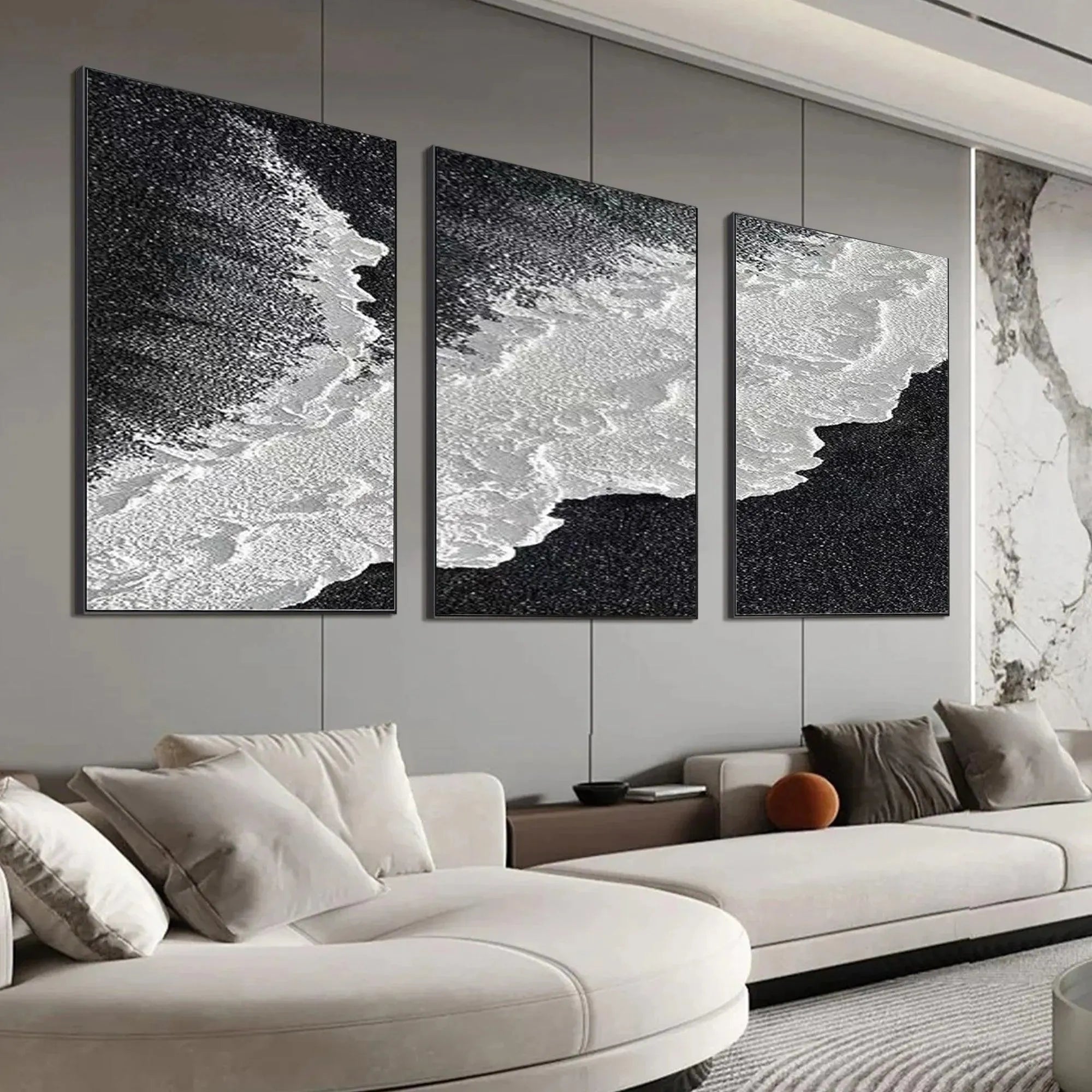 BLACK & WHITE OCEAN TRIPTYCH: Abstract Ocean Painting Set of 3, Vertical Wall Art