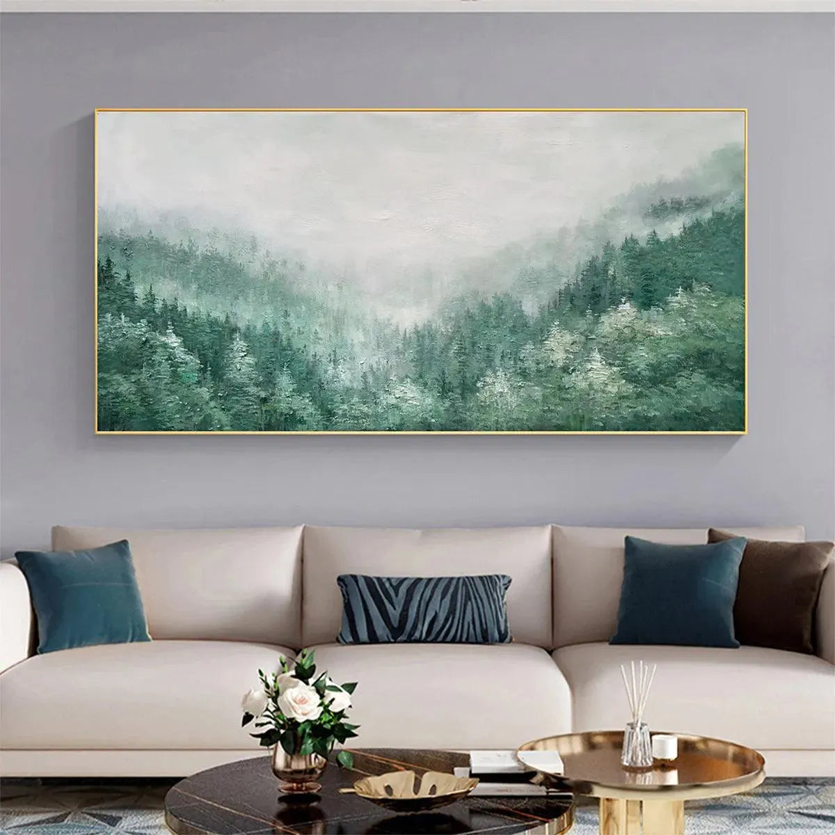 VALLEY OF THE EVERGREENS: Panoramic Evergreen Forest Landscape Oil Painting