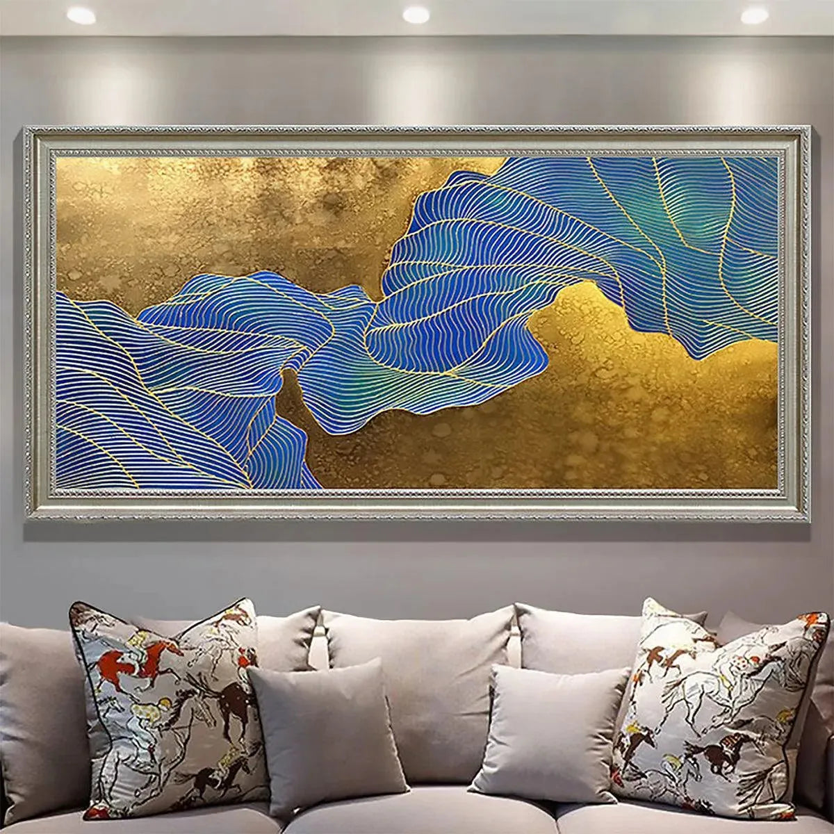 GOLDEN FLOW: Abstract Blue and Gold Oil Painting