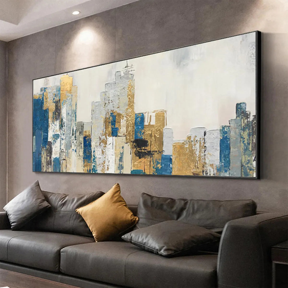 GOLDEN METROPOLIS: Abstract Cityscape Oil Painting in Gold and Blue