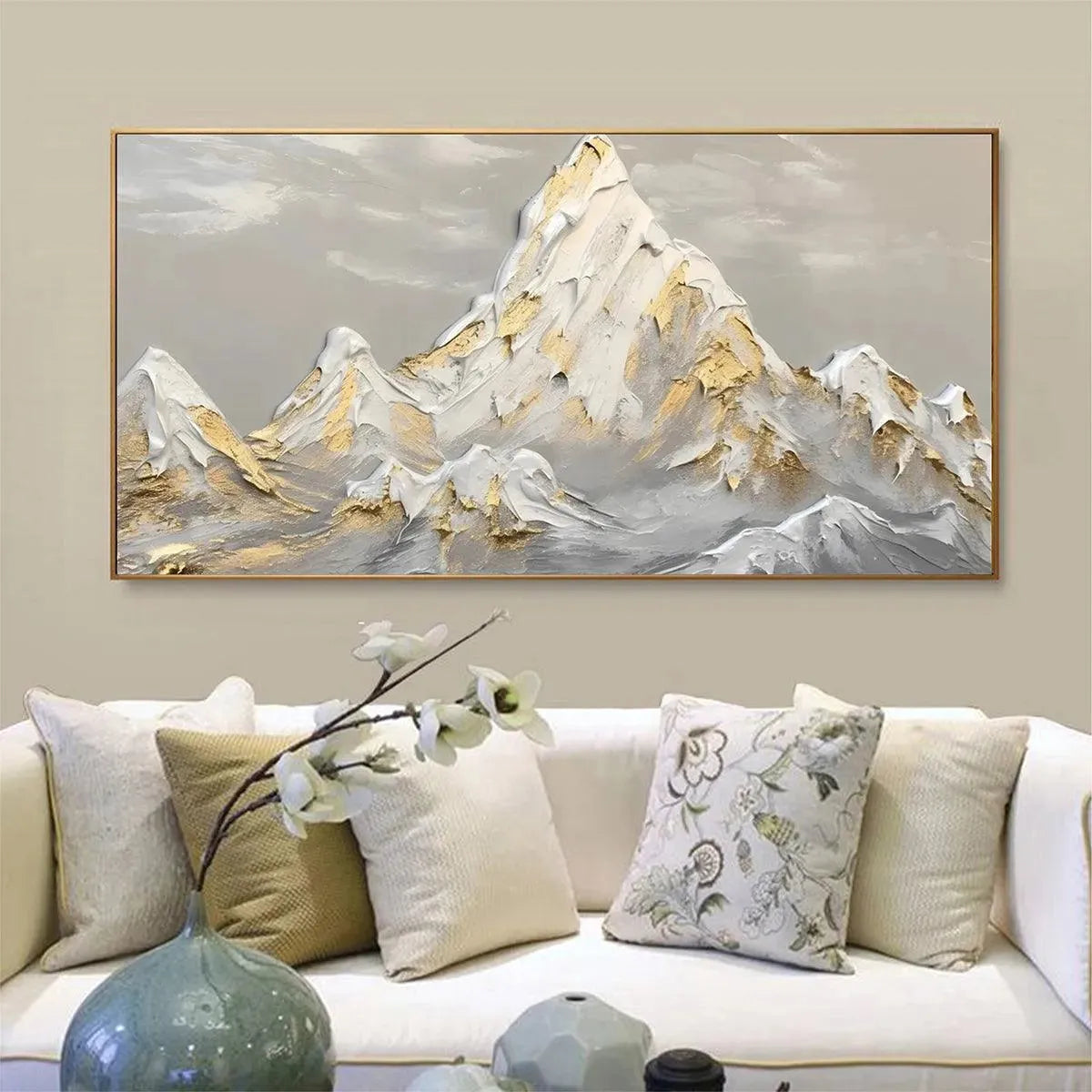 GOLDEN PEAKS: Textured Mountain Landscape Painting in Gold and Grey