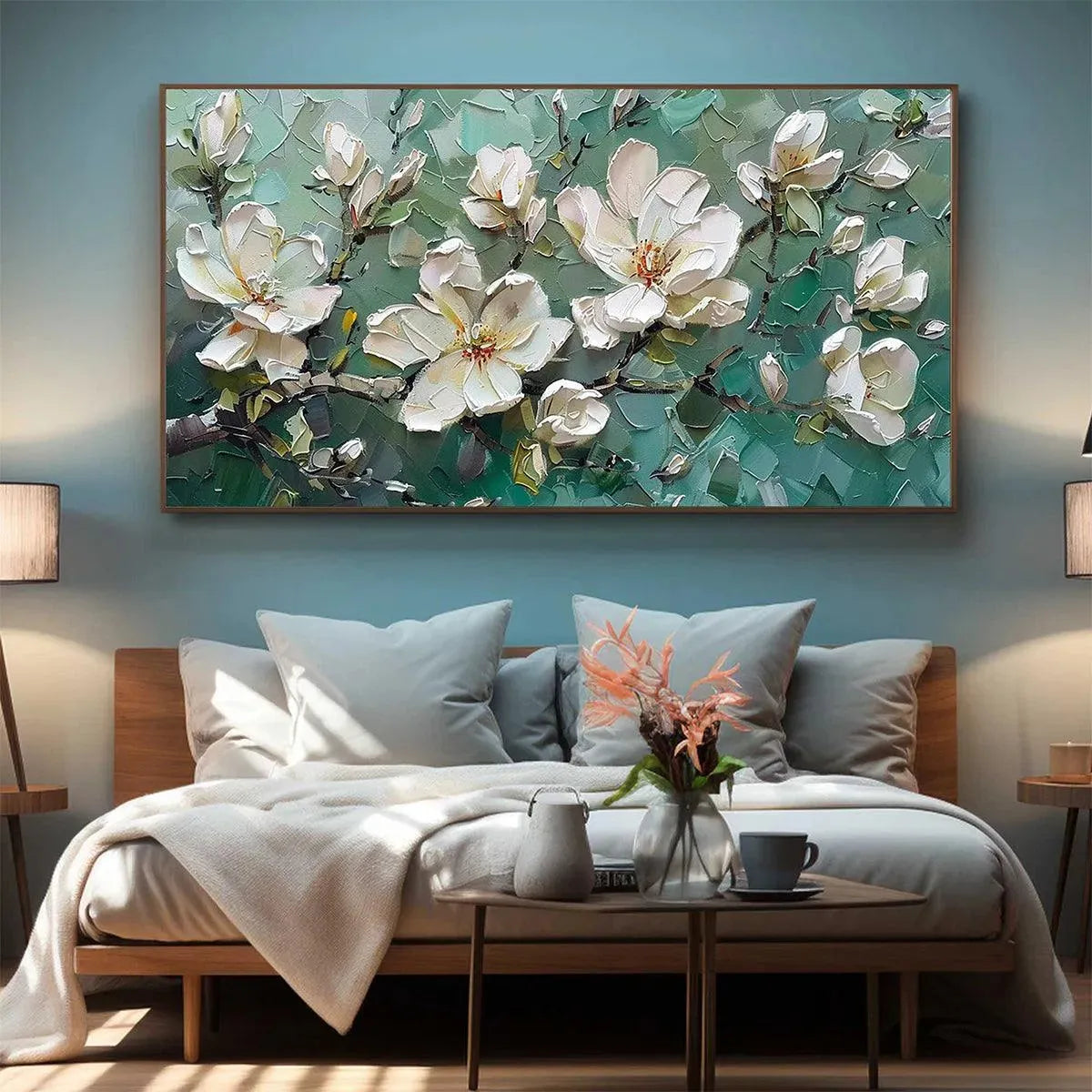 JADE MAGNOLIAS: White Magnolia Impasto Painting for Living Room