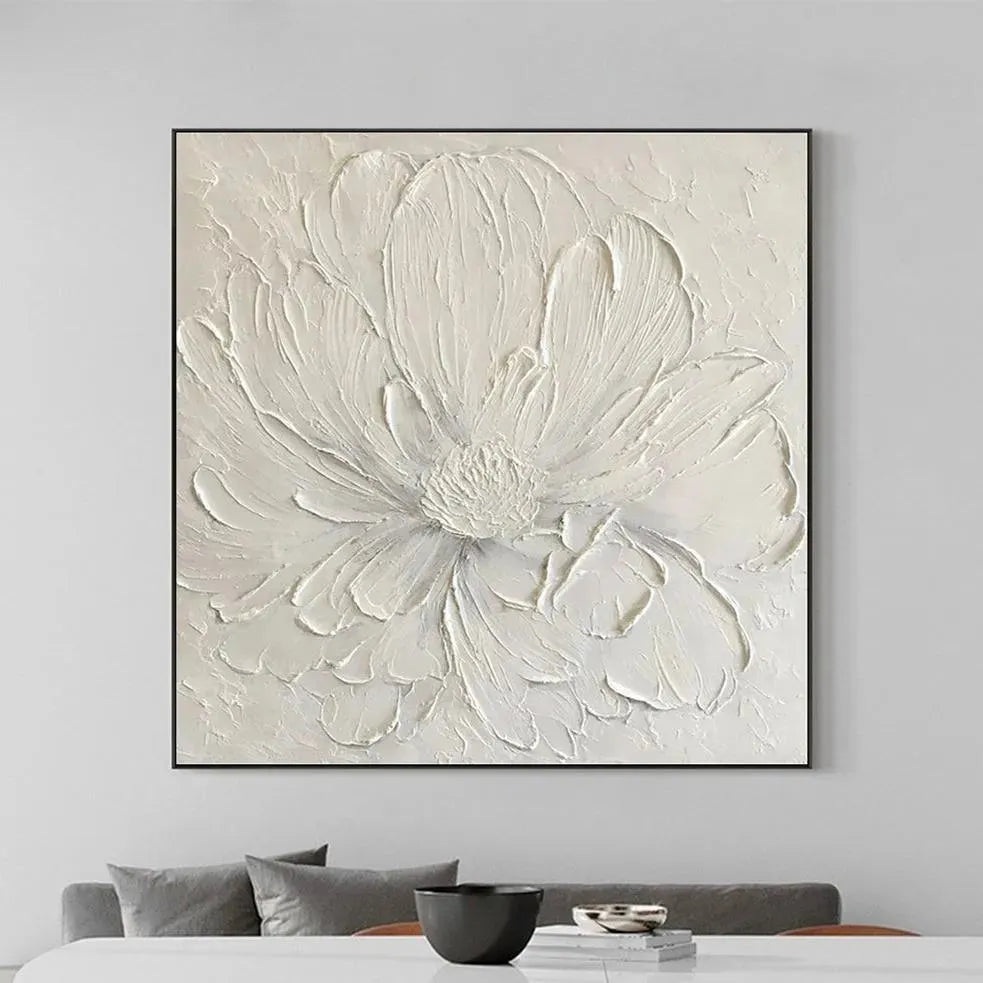 WHITE PEONY: Textured Minimalist Floral Painting in White