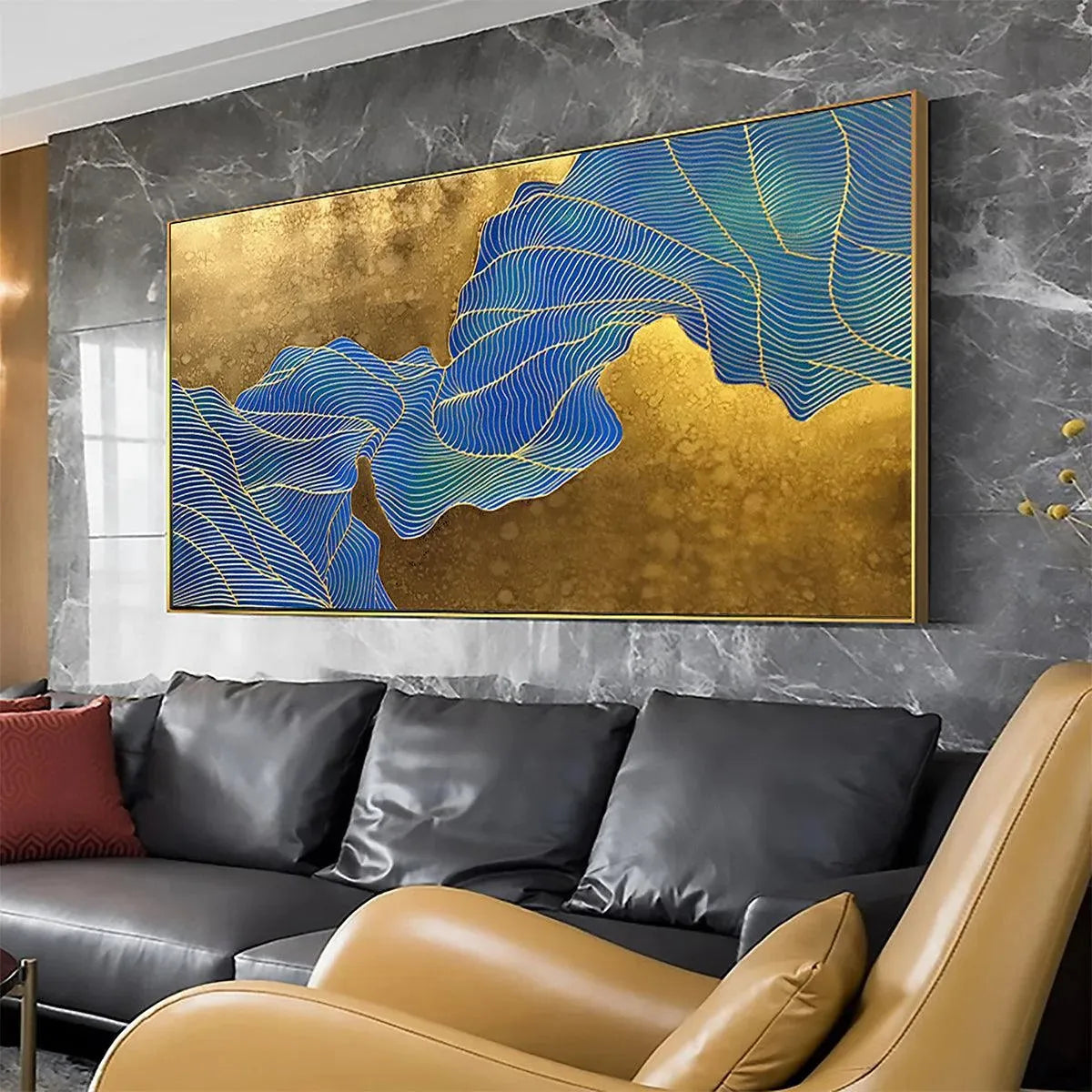 GOLDEN FLOW: Abstract Blue and Gold Oil Painting