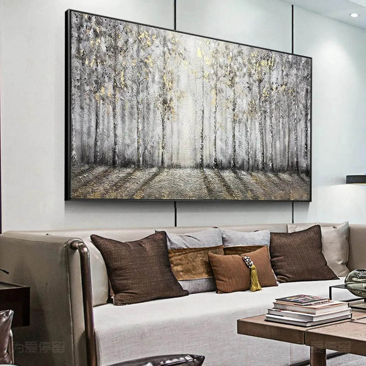 GOLDEN BIRCHWOOD: Panoramic Birch Forest Landscape Oil Painting with Gold Accents