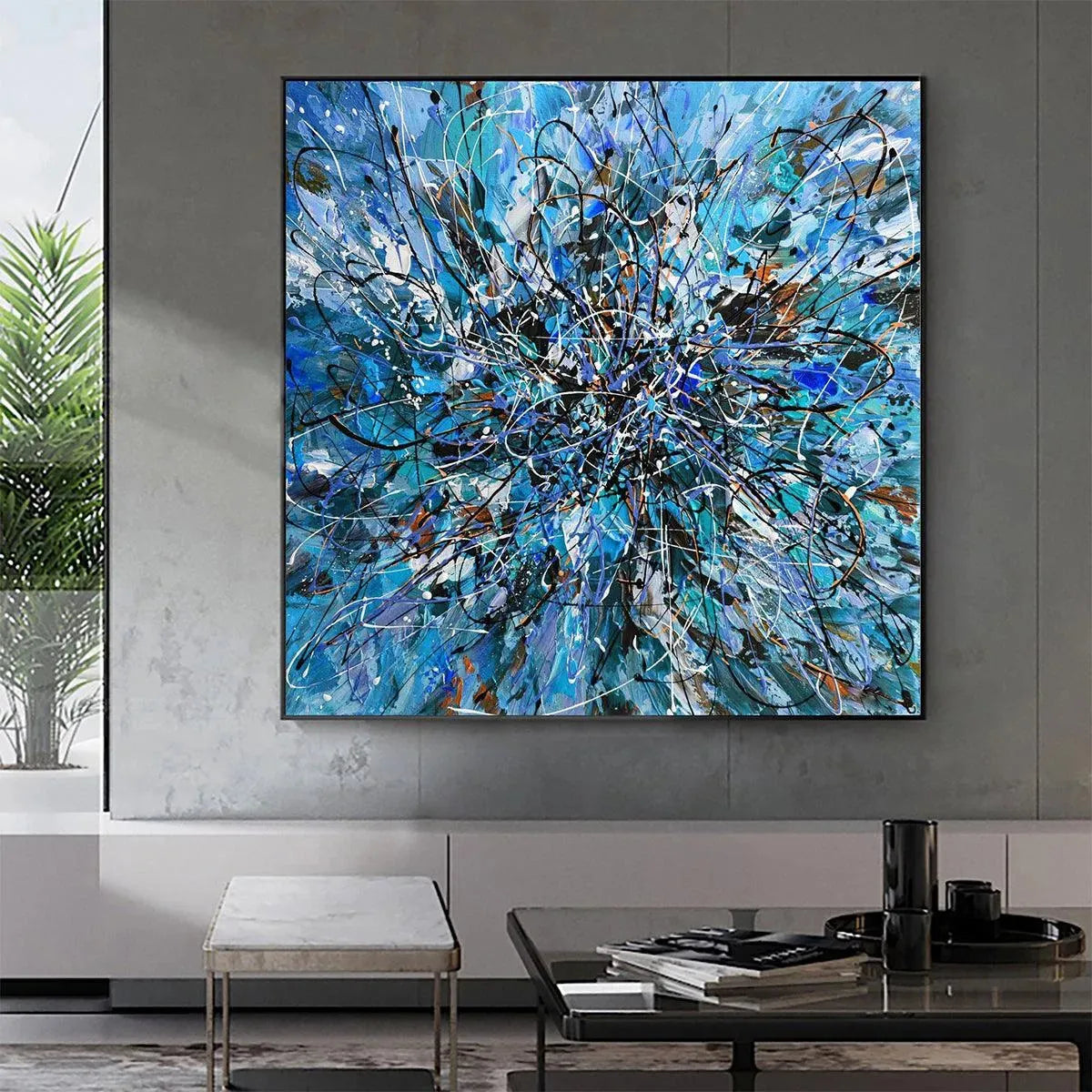 AZURE EXPLORATION: Abstract Blue and Black Oil Painting