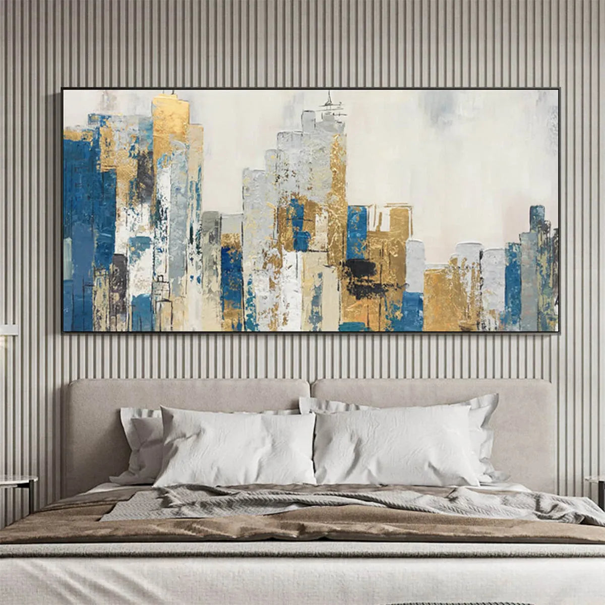 GOLDEN METROPOLIS: Abstract Cityscape Oil Painting in Gold and Blue