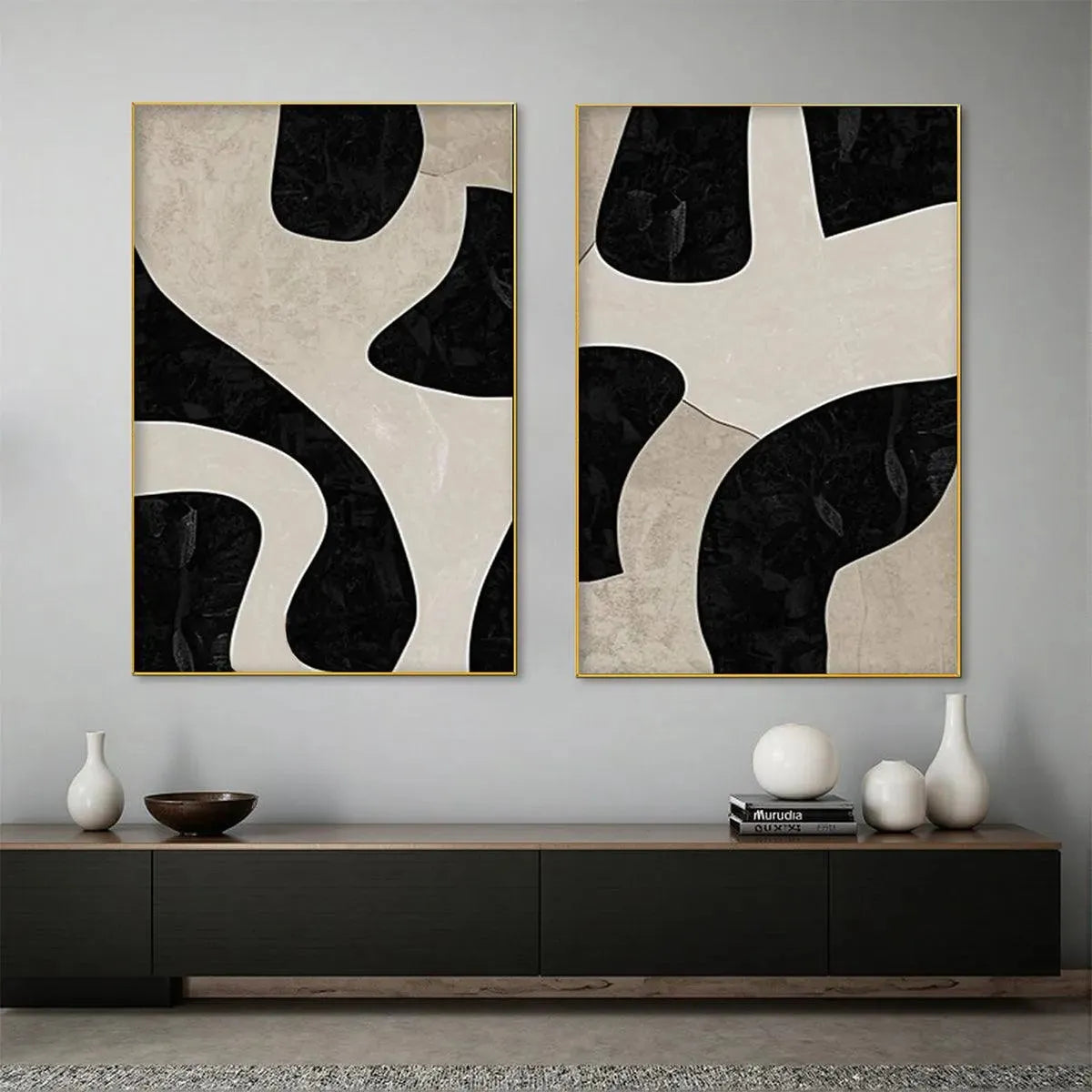 BLACK & BEIGE ABSTRACT DIPTYCH: Abstract Painting Set of 2, Vertical Wall Art