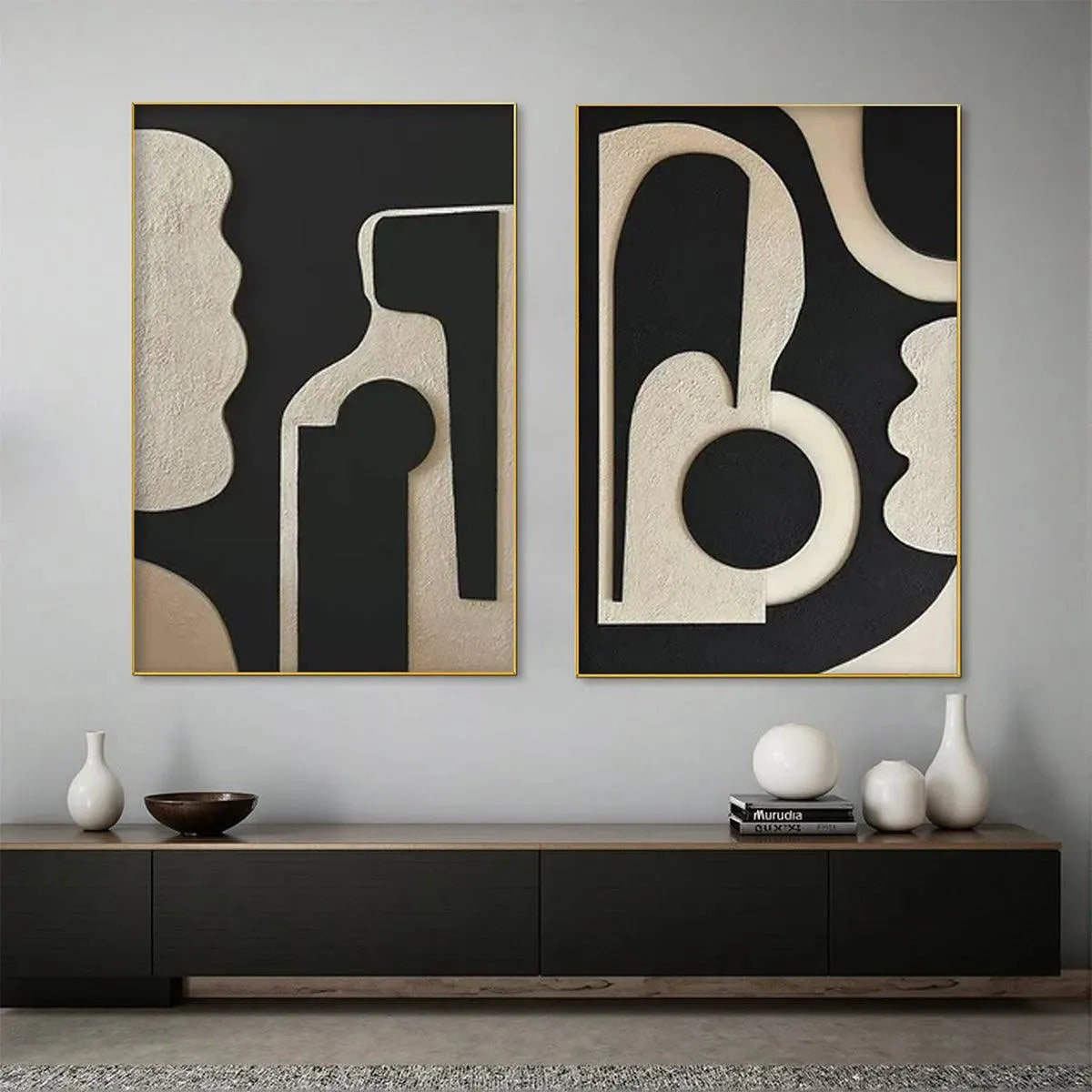 INK BLOT DUO: Abstract Painting, Set of 2, Minimalist Decor, Black and White Wall Art