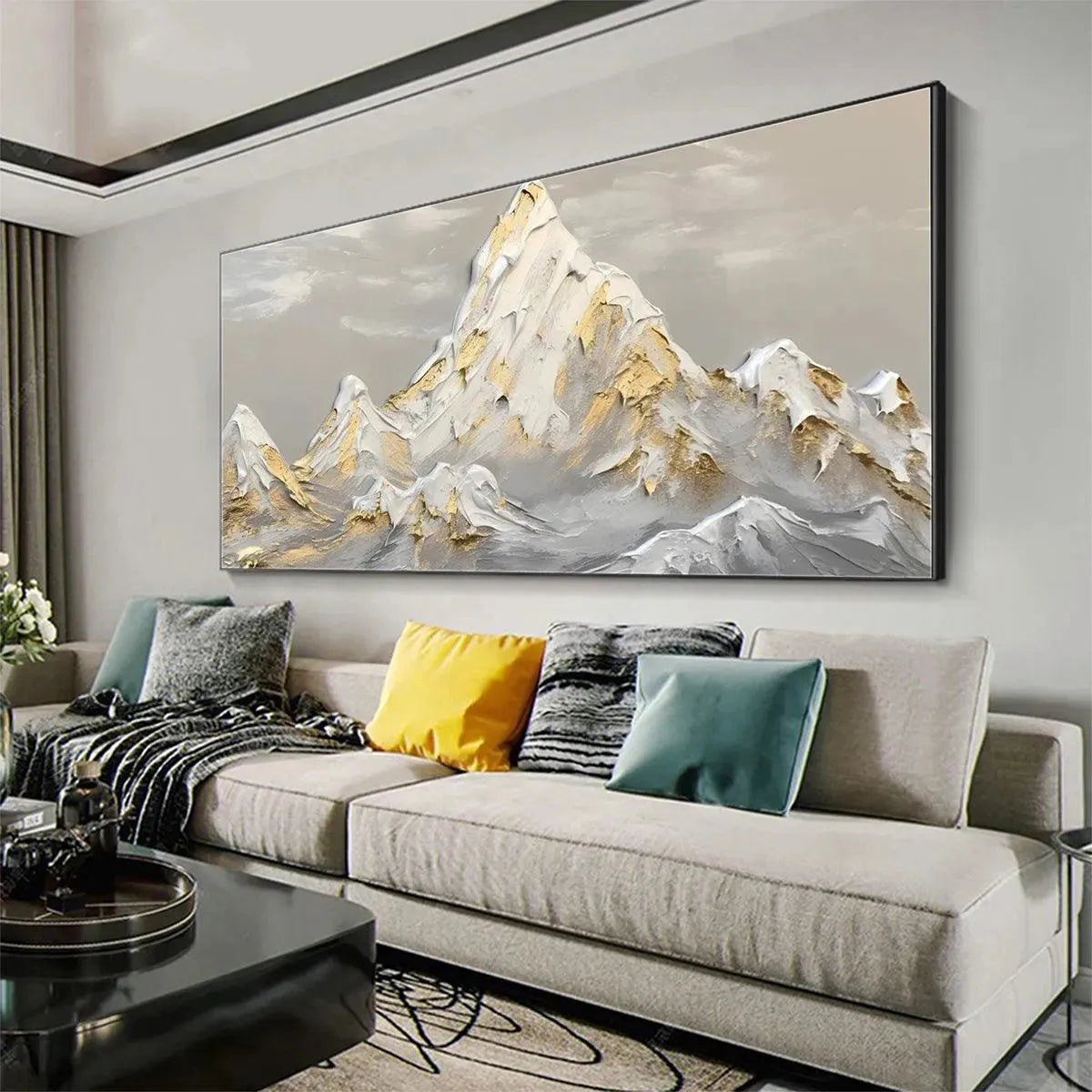 GOLDEN PEAKS: Textured Mountain Landscape Painting in Gold and Grey