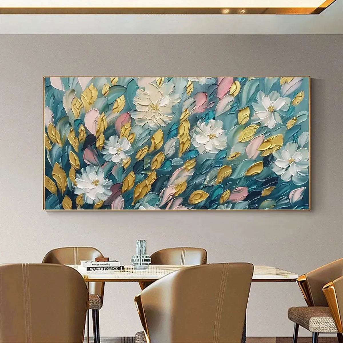 GOLDEN GARDEN: Textured Floral Painting in Teal and Gold