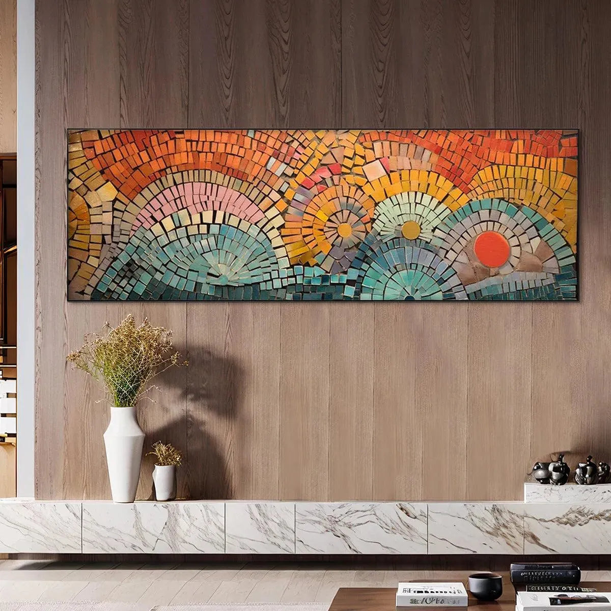 MOSAIC SUNSET PANORAMIC: Mosaic Painting, Panoramic Wall Art, Colorful Decor
