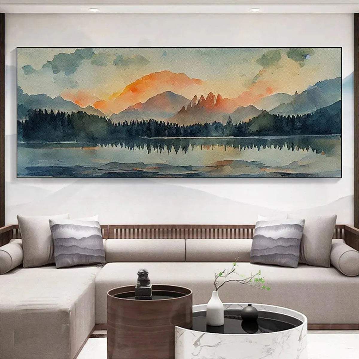 SUNSET SERENITY PANORAMIC: Landscape Painting, Panoramic Wall Art, Watercolor Decor