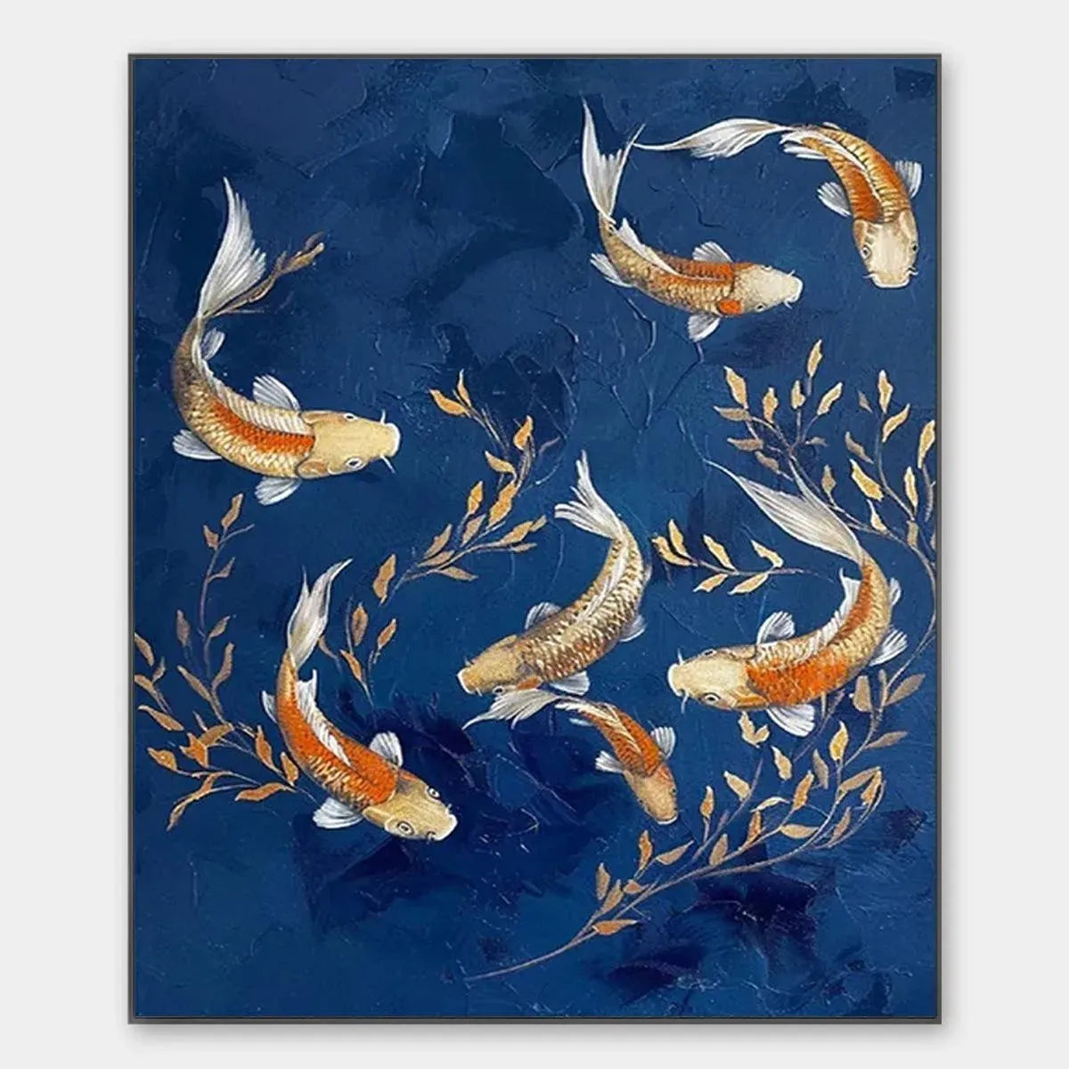 GOLDEN KOI: Vertical Koi Fish Painting on Blue Background