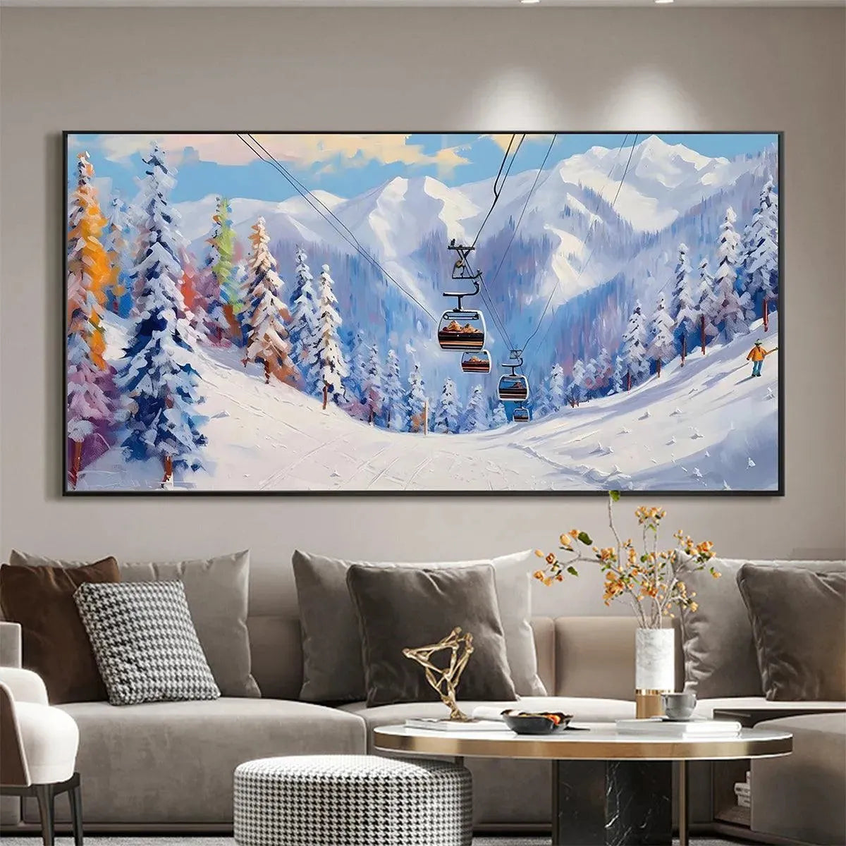 SNOWY SLOPES: Panoramic Ski Resort Landscape Painting