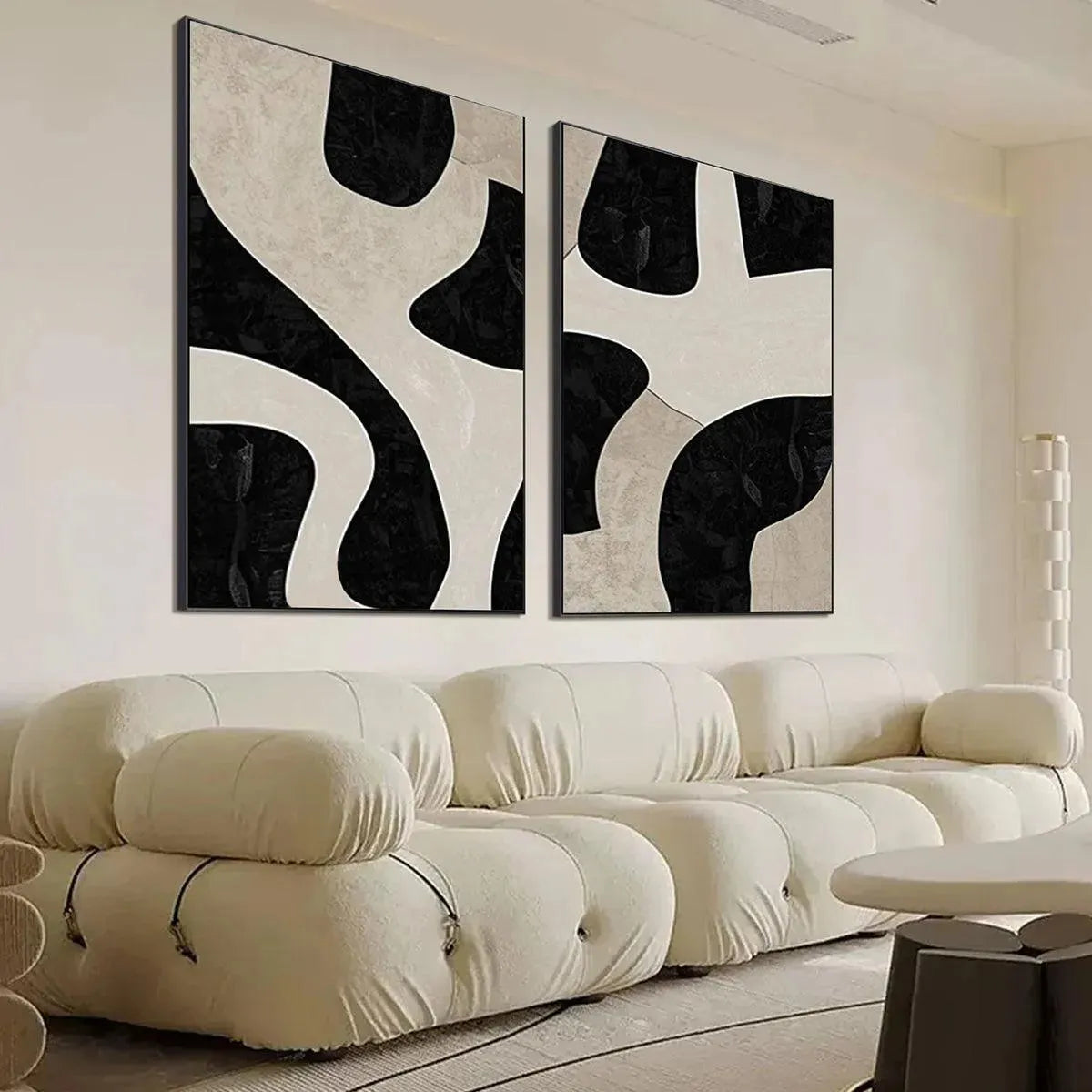 BLACK & BEIGE ABSTRACT DIPTYCH: Abstract Painting Set of 2, Vertical Wall Art