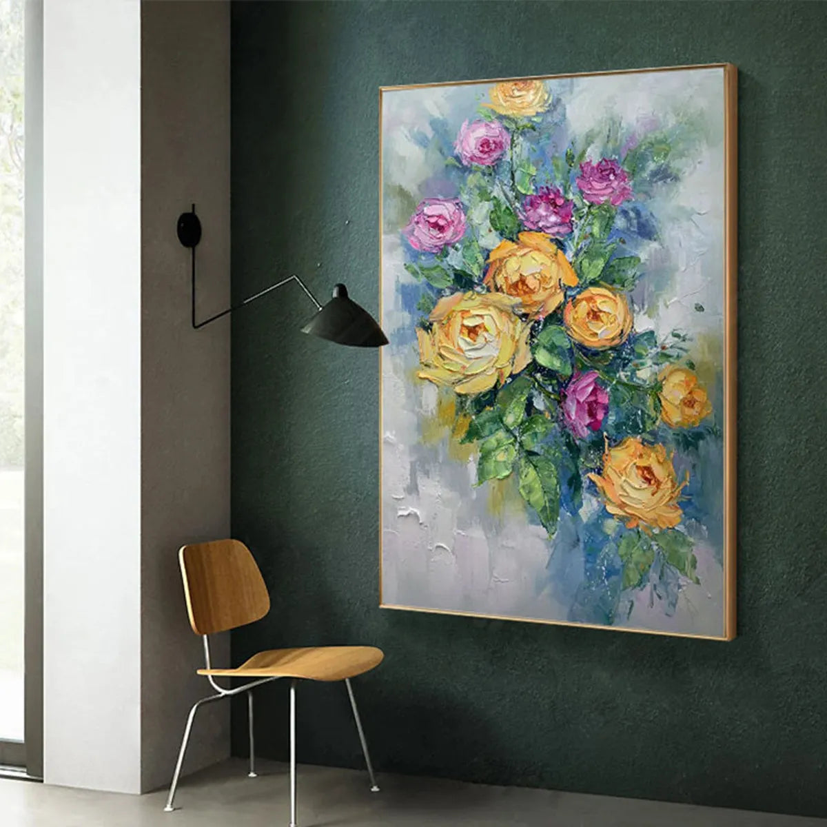 GOLDEN HOUR ROSES: Vertical Textured Floral Oil Painting on Canvas