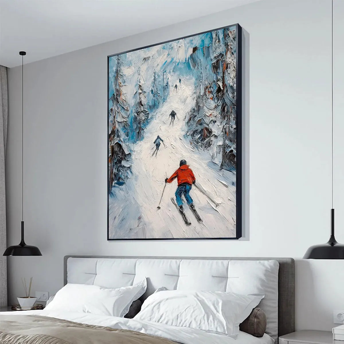 FIRST RUN: Textured Impasto Skiing Painting on Vertical Canvas