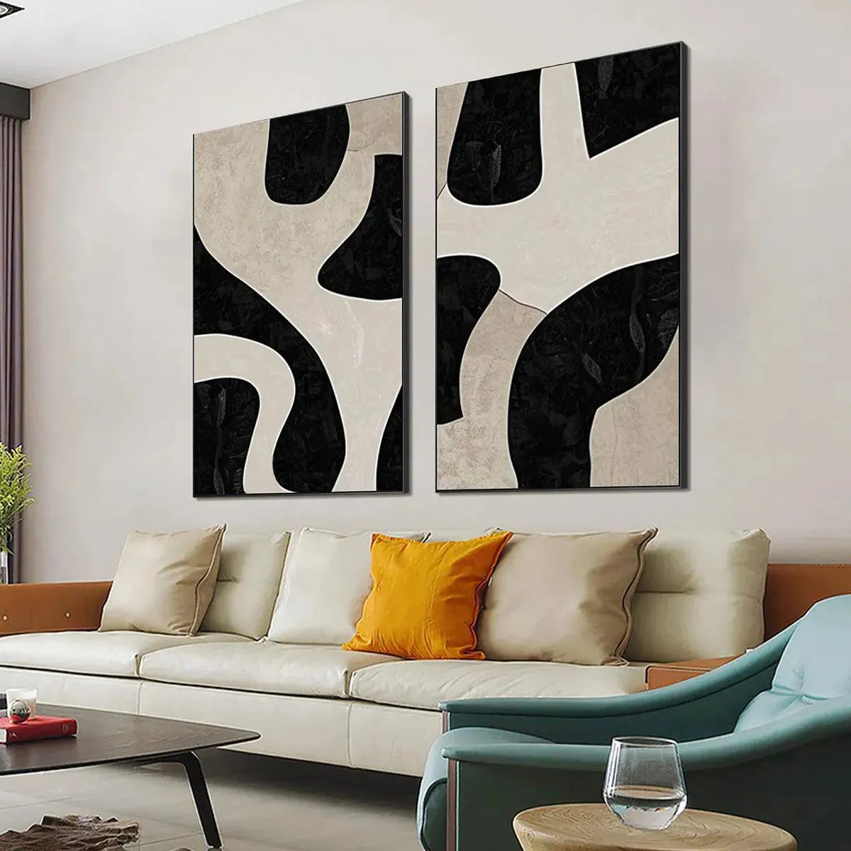 BLACK & BEIGE ABSTRACT DIPTYCH: Abstract Painting Set of 2, Vertical Wall Art
