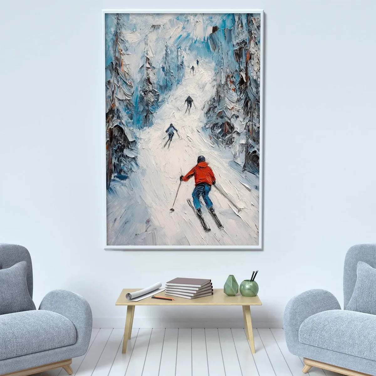 FIRST RUN: Textured Impasto Skiing Painting on Vertical Canvas