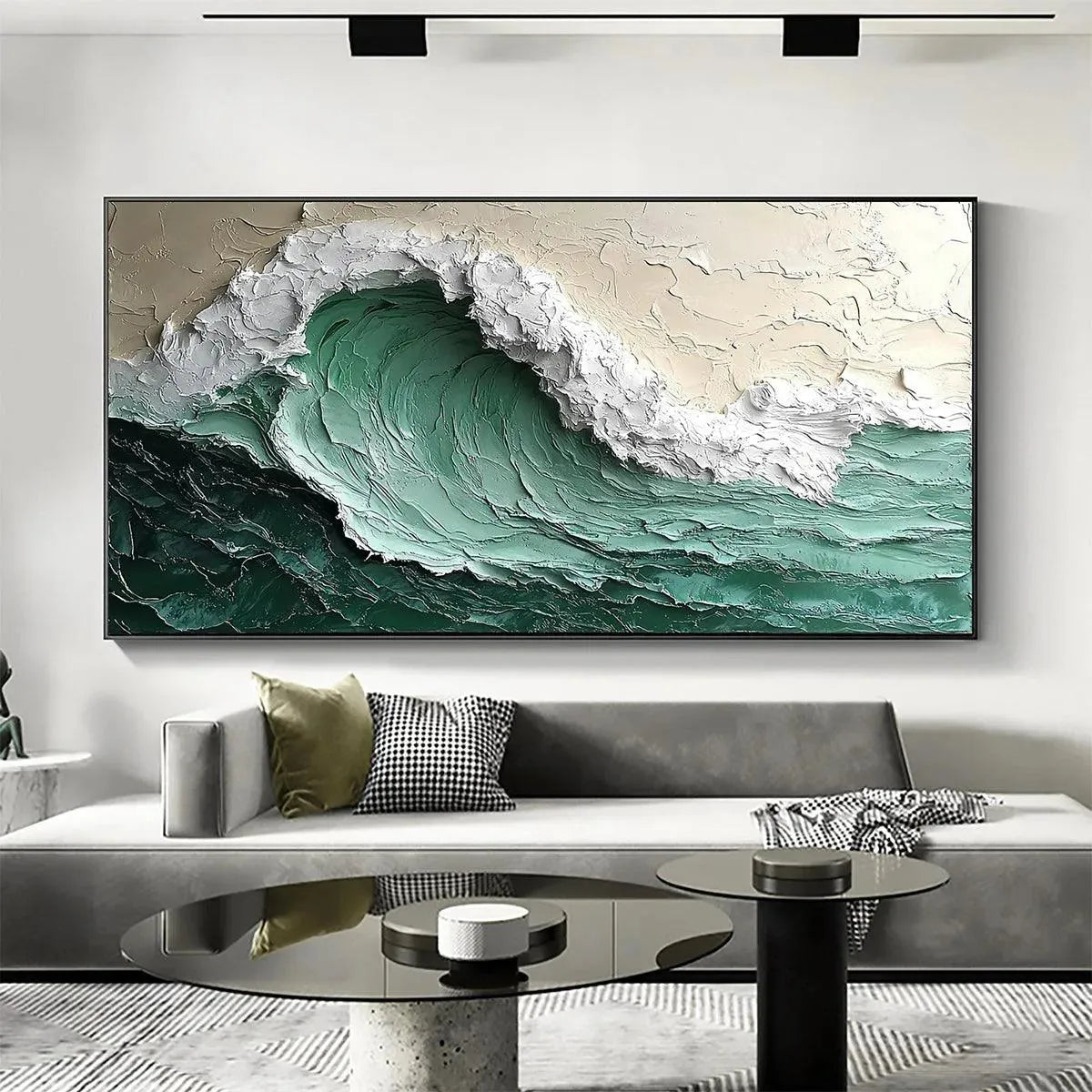 EMERALD CREST: Textured Green Wave Impasto Oil Painting