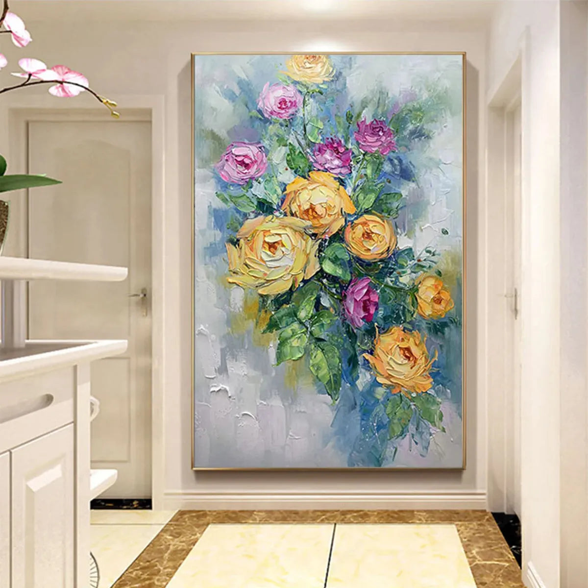 GOLDEN HOUR ROSES: Vertical Textured Floral Oil Painting on Canvas