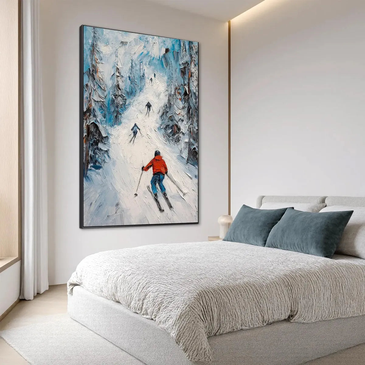 FIRST RUN: Textured Impasto Skiing Painting on Vertical Canvas