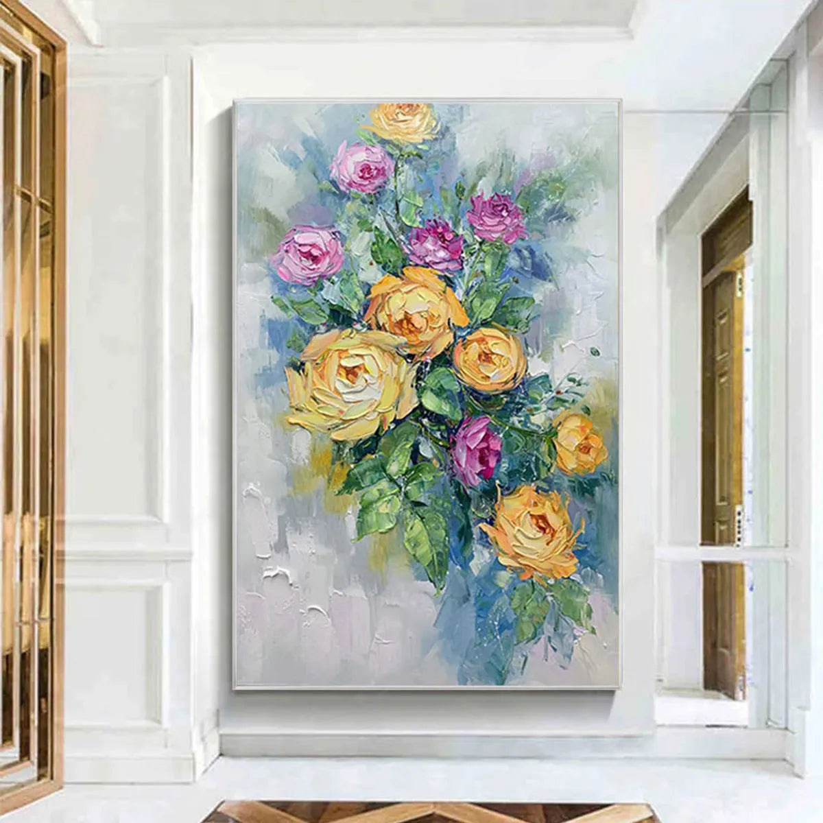 GOLDEN HOUR ROSES: Vertical Textured Floral Oil Painting on Canvas