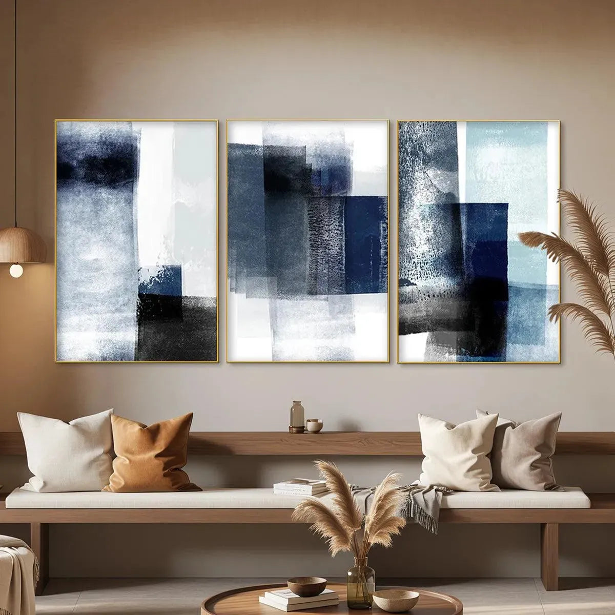 BLUE ABSTRACT TRIPTYCH: Abstract Painting Set of 3, Vertical Wall Art