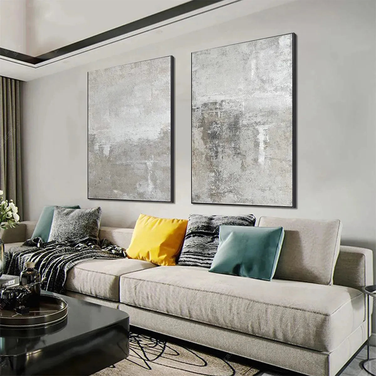 GREY ABSTRACT TEXTURED DIPTYCH: Textured Abstract Painting Set of 2, Vertical Wall Art