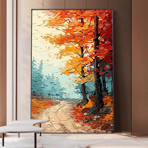 AUTUMN PATH: Textured Forest Path Painting, Orange and Blue Wall Art, Vertical Canvas, Impasto Decor